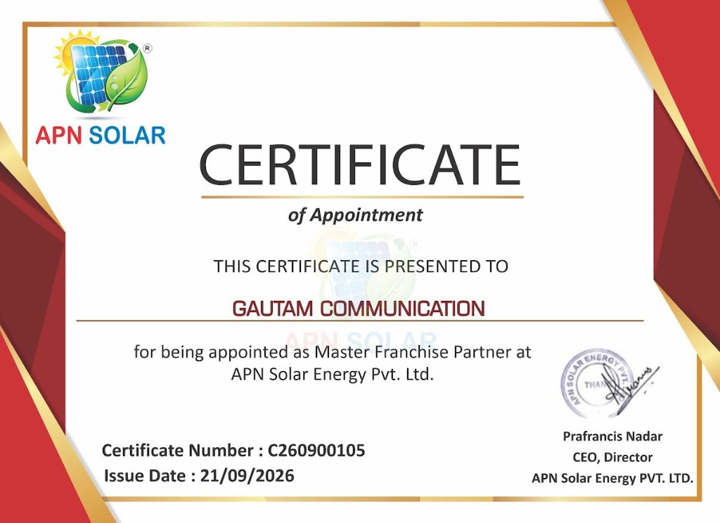 APN Solar Energy Master Franchise Partner Appointment Certificate